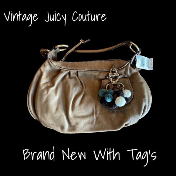 Vintage Juicy Couture Brown Leather Hobo Bag with Pom Poms - Y2K Style New - Picture 1 of 7
